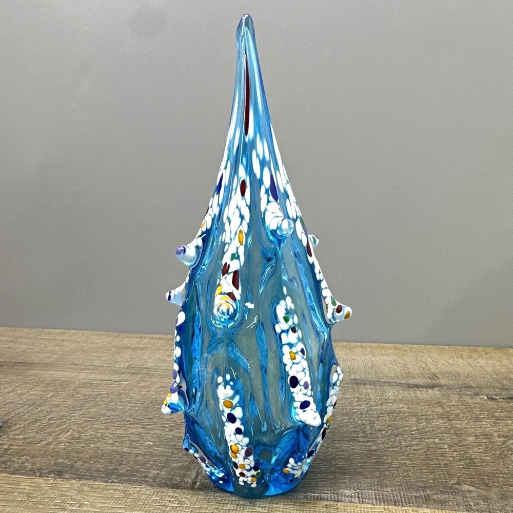 Vintage Murano Style Hand Blown Art Glass Spire Vase - Blue Confetti Murrine, 9"